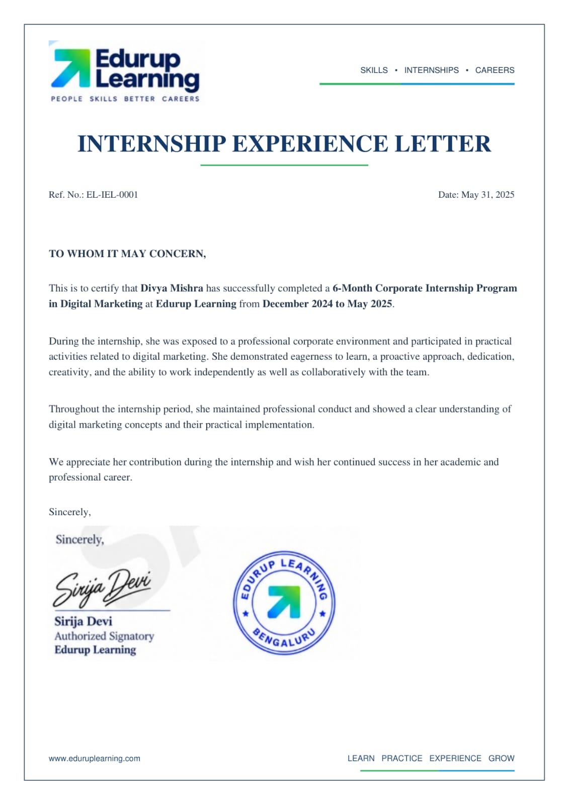 Sample Internship Letter